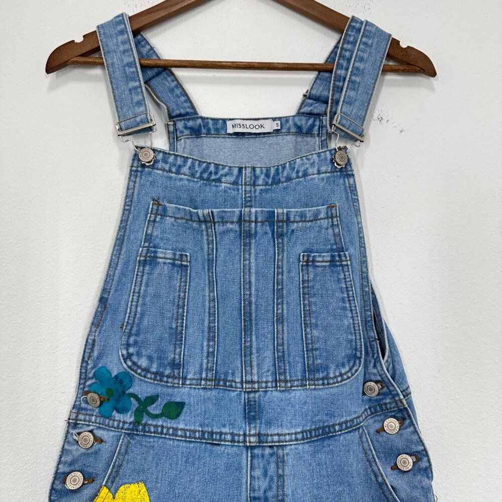 Misslook Floral Painted Denim Bib Overalls Festival Quirky Women's Size Small - Picture 8 of 12